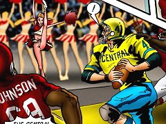 Cartoon porn. The central high QB rolls out of the pocket. He looks a little confused. He is hit hard and fubmles