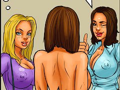 Naughty excited sapphic bitches in porn toons first try a massive dark-colored rod on their fucking!